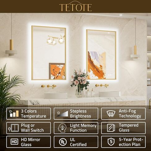 TETOTE 24 x 32 Backlit Bathroom Mirror Brushed Gold Metal Frame LED Light Vanity 3-Color White/Warm/Natural Stepless Dimmable Anti-Fog Backlight Mirror Wall-Mounted in Kuwait