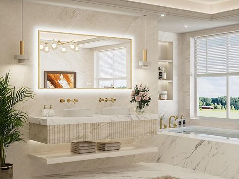 TETOTE 24 x 32 Backlit Bathroom Mirror Brushed Gold Metal Frame LED Light Vanity 3-Color White/Warm/Natural Stepless Dimmable Anti-Fog Backlight Mirror Wall-Mounted in Kuwait