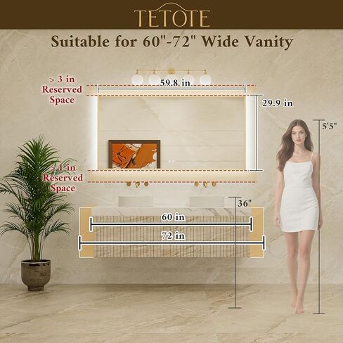 TETOTE 24 x 32 Backlit Bathroom Mirror Brushed Gold Metal Frame LED Light Vanity 3-Color White/Warm/Natural Stepless Dimmable Anti-Fog Backlight Mirror Wall-Mounted in Kuwait