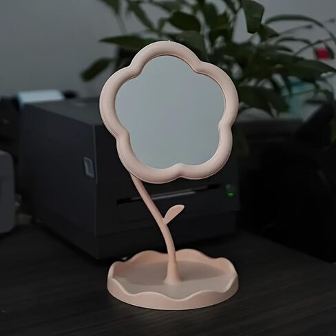 Flower Makeup Mirror with Tray - Adjustable Desktop Vanity Mirror, Cute Sunflower Design for Bathroom, Bedroom, Dressing Table - Home Decor & Gift-Pink in Saudi Arabia