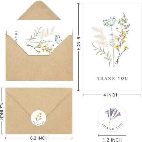 48 Pack Floral Thank You Cards with Envelopes, Wildflower Thank You Notes with Kraft Envelopes for Wedding Bridal Shower Baby Shower Teachers Graduation, 4 x 6 Inch in Saudi Arabia