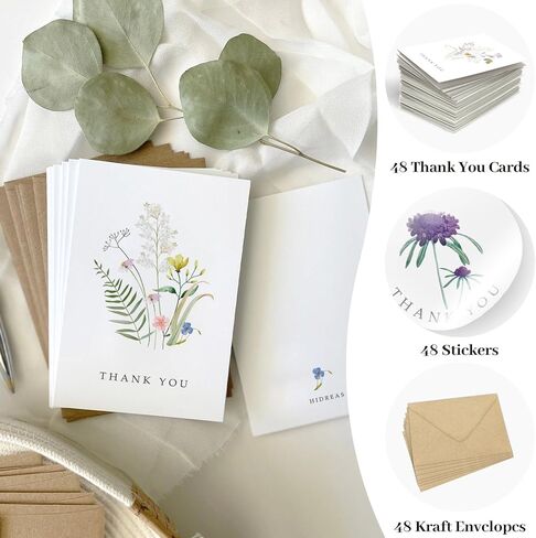 48 Pack Floral Thank You Cards with Envelopes, Wildflower Thank You Notes with Kraft Envelopes for Wedding Bridal Shower Baby Shower Teachers Graduation, 4 x 6 Inch in Saudi Arabia
