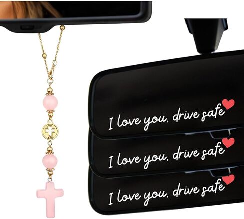 4pcs Cross for Car Set, Rear View Mirror Accessories, Car Mirror Hanging Accessories,with 3Pcs I Love You Drive Safe Mirror Sticker Handmade Boho Crystal Decoration for Women, Car Charm in Kuwait