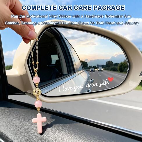 4pcs Cross for Car Set, Rear View Mirror Accessories, Car Mirror Hanging Accessories,with 3Pcs I Love You Drive Safe Mirror Sticker Handmade Boho Crystal Decoration for Women, Car Charm in Kuwait