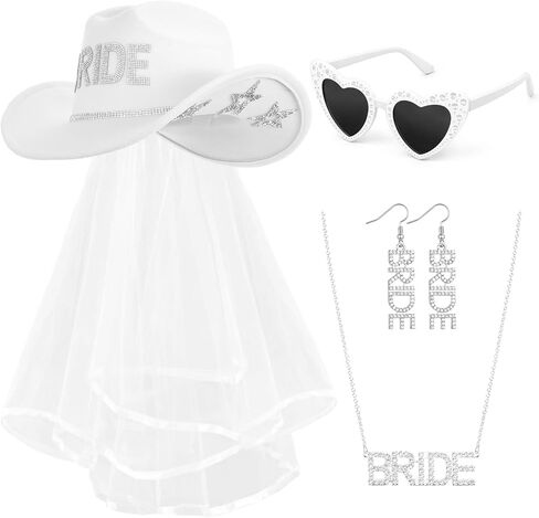 4 Pcs Bride Cowgirl Hat Rhinestone Set with Star Glitter Hat Earrings Necklace Sunglasses for Women Bachelorette Party Wedding Bridal Gifts Costume White in Saudi Arabia