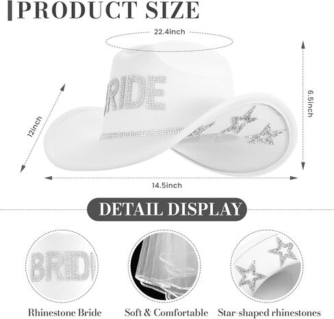 4 Pcs Bride Cowgirl Hat Rhinestone Set with Star Glitter Hat Earrings Necklace Sunglasses for Women Bachelorette Party Wedding Bridal Gifts Costume White in Saudi Arabia