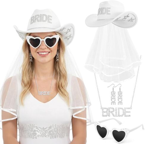 4 Pcs Bride Cowgirl Hat Rhinestone Set with Star Glitter Hat Earrings Necklace Sunglasses for Women Bachelorette Party Wedding Bridal Gifts Costume White in Saudi Arabia