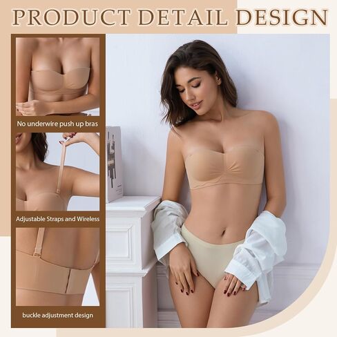 Strapless Bras for Women Push Up Seamless Bandeau Bra Wireless Tube Top Bra for Backless Dresses Wedding Daily Wear in Kuwait
