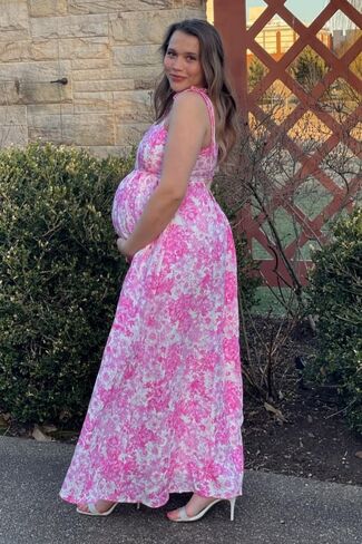 PinkBlush Leaf Print Sleeveless Open Back Smocked Maternity Maxi Dress in Kuwait