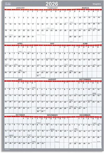 Staples 2026 Yearly Dry Erase Wall Calendar, 48" x 32", Reversible White/Red/Gray Design, Laminated Dry‑Erase Surface, Large Annual Planner in Saudi Arabia