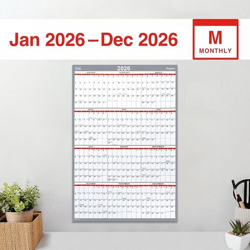 Staples 2026 Yearly Dry Erase Wall Calendar, 48" x 32", Reversible White/Red/Gray Design, Laminated Dry‑Erase Surface, Large Annual Planner in Saudi Arabia