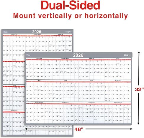 Staples 2026 Yearly Dry Erase Wall Calendar, 48" x 32", Reversible White/Red/Gray Design, Laminated Dry‑Erase Surface, Large Annual Planner in Saudi Arabia