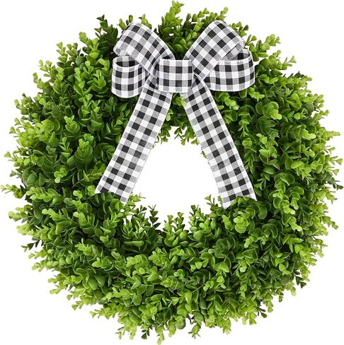 23" Faux Round Boxwood Wreath, Vlorart Artificial Wreath Front Door Wreaths Spring Summer Greenery Hanging with A Plaid Bow for Front Door Wall Hanging Window Wedding Party Decor in Kuwait