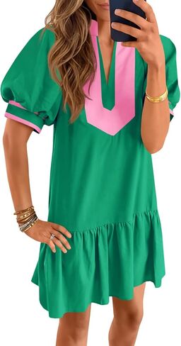 Wenrine Womens Summer Mini Dress Casual Short Puff Sleeve V Neck Color Block Loose Beach A Line Dresses with Pockets in Saudi Arabia
