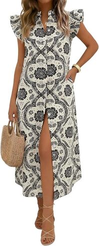 فستان قميص نسائي صيفي بأزرار سفلية من Wenrine، كاجوال بأكمام قصيرة وكشكشة على شكل زهور، فستان صيفي فضفاض للشاطئ بوهو متوسط ​​الطول in Kuwait