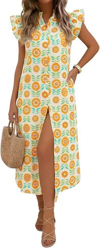 Wenrine Womens Summer Button Down Shirt Dress Casual Floral Rufffle Cap Sleeve Loose Beach Boho Midi Sundress in Saudi Arabia