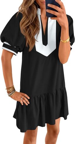 فستان نسائي صيفي قصير من Wenrine، كاجوال بأكمام قصيرة منتفخة ورقبة على شكل حرف V، فساتين شاطئ فضفاضة على شكل حرف A مع جيوب in Kuwait
