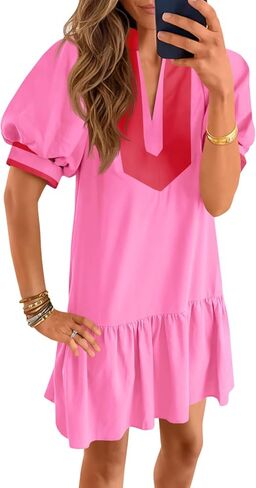 Wenrine Womens Summer Mini Dress Casual Short Puff Sleeve V Neck Color Block Loose Beach A Line Dresses with Pockets in Saudi Arabia