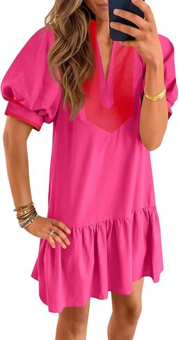 Wenrine Womens Summer Mini Dress Casual Short Puff Sleeve V Neck Color Block Loose Beach A Line Dresses with Pockets in Saudi Arabia