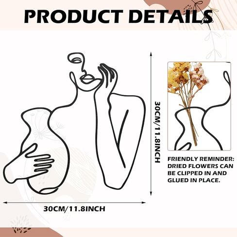 Pelopy Black Metal Wall Decor, Abstract Woman Wall Art, Minimalist Line Vase Decor, Modern Aesthetic Metal Women Art for Home Bedroom Bathroom Living Room in Kuwait