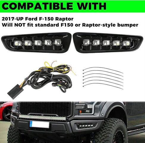 HECASA LED ضوء الضباب متوافق مع 2017-2020 Ford F-150 Raptor مصباح الجري النهاري DRL مع ضوء إشارة الانعطاف ضوء أسود من البلاستيك in Saudi Arabia