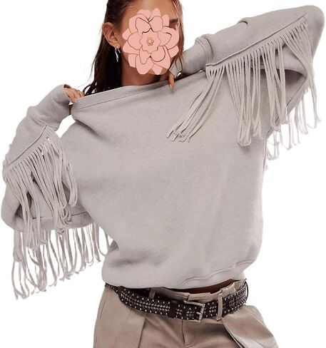 Gothic Punk Y2K Street Fringed Pullover Sweatshirts for Women Trendy Grey Loose Long Sleeve Round Neck Fall Tops in Kuwait