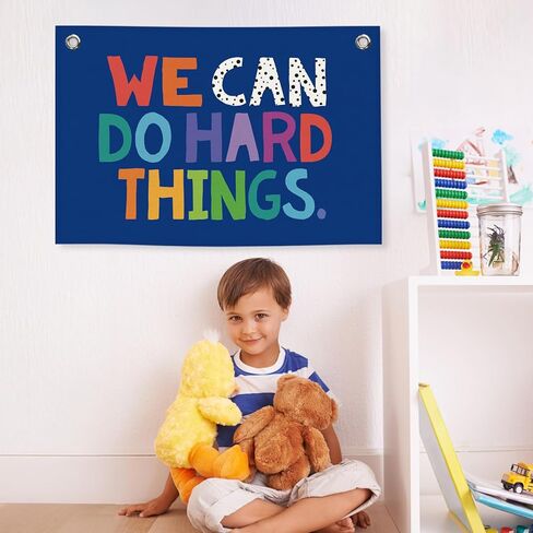 We Can Do Hard Things Kids Banner Canvas, Classroom Blue Toddler Room Decor, Inspirational Hanging Flag Sign, Nursery Wall Tapestry Art for Playroom School Counseling Office Boy Decor 20x30in in Kuwait