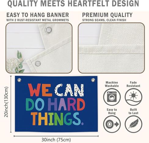 We Can Do Hard Things Kids Banner Canvas, Classroom Blue Toddler Room Decor, Inspirational Hanging Flag Sign, Nursery Wall Tapestry Art for Playroom School Counseling Office Boy Decor 20x30in in Kuwait