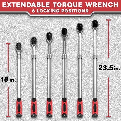 E•Werk - Telescopic Ratchet Wrench - 1/2 Inch Drive, 72 Teeth - Extendable Handle 18-24 Inches - With 6 Locking Positions - Heavy Duty Retractable Socket Wrench with Long Handle - Torque 660 Nm in Saudi Arabia