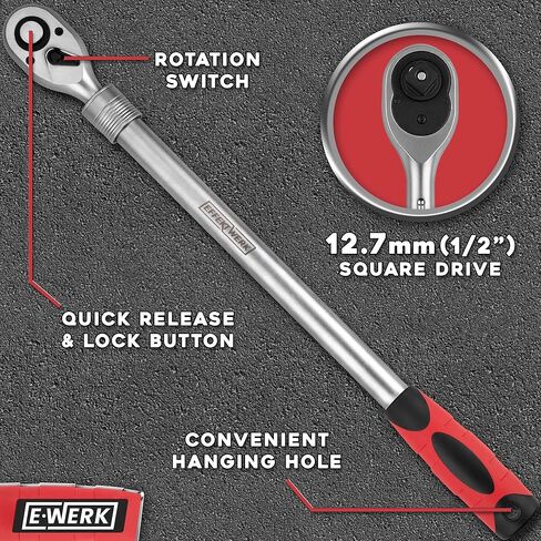 E•Werk - Telescopic Ratchet Wrench - 1/2 Inch Drive, 72 Teeth - Extendable Handle 18-24 Inches - With 6 Locking Positions - Heavy Duty Retractable Socket Wrench with Long Handle - Torque 660 Nm in Saudi Arabia