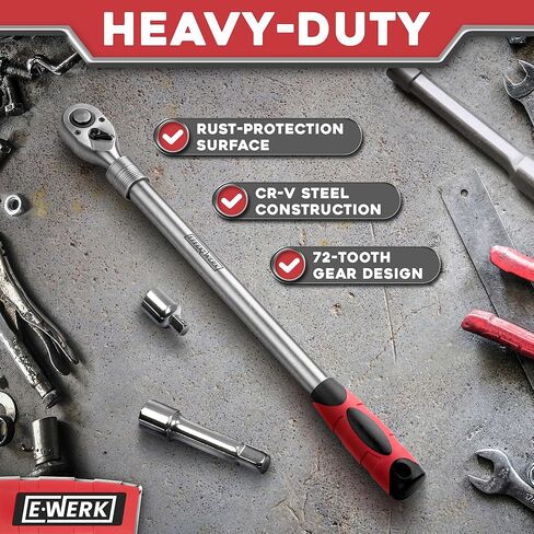 E•Werk - Telescopic Ratchet Wrench - 1/2 Inch Drive, 72 Teeth - Extendable Handle 18-24 Inches - With 6 Locking Positions - Heavy Duty Retractable Socket Wrench with Long Handle - Torque 660 Nm in Saudi Arabia