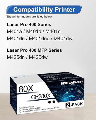 80X Black High Yield Toner Cartridge 2 Pack: Compatible CF280X Toner Cartridge Replacement for HP 80X Pro 400 M401n M401dn M401dne M401dw M401a M401d MFP M425dn M425dw Printers in Kuwait