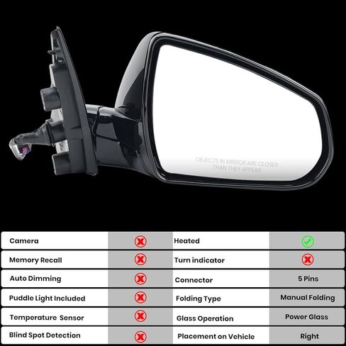 Right Passenger Side Mirror Compatible with 2010-2016 Cadillac SRX Right Side Rear Door Mirror with Heated Manual Folding 5 Pins Black GM1321445 20774505 20953692 in Saudi Arabia