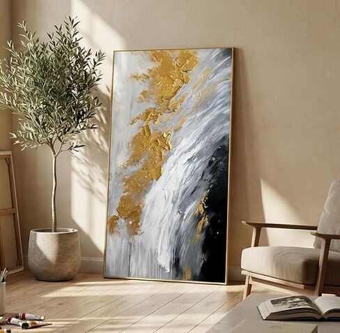 White Flower and Golden Leaf Wall Art for Living Room Hand Painted Floral Oil Painting on Canvas for Bedroom,Large Framed Artwork for Office Kitchen Wall Decor 24x56inch in Kuwait
