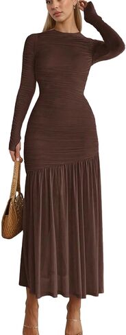 Women's Crewneck Ruched Mesh Sheer Long Sleeve Mermaid Club Maxi Dress in Kuwait