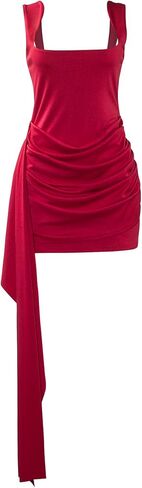 Women Sexy Sleeveless Mini Dress Square Neck Ruched Ribbon Bodycon Night Club Party Dress in Saudi Arabia