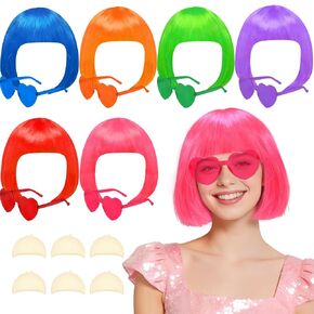 6 عبوات من باروكات بوب قصيرة ملونة ومجموعة 6 قطع من النظارات الشمسية على شكل قلب، باروكة شعر ملونة للحفلات التنكرية للنساء (داكنة) in Kuwait