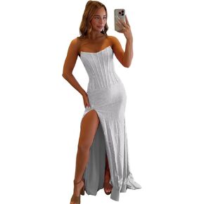 Glitter Satin Prom Dresses Mermaid Corset Sparkly Strapless Formal Dress in Kuwait