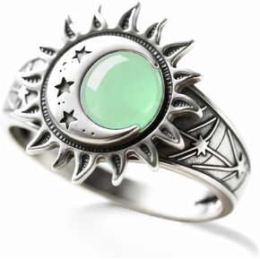 Vintage Sterling Silver Sun Moon Star Ring, Natural Jade Stone, Bohemian Statement Jewelry for Women in Kuwait
