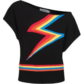 OXKNIT Knit Off The Shoulder T-Shirt for Women, Retro Colorful Lightning Pattern Ribbed Tops Tee Shirts- Short Size in Kuwait