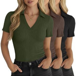 3 Pack Women's Cotton Ribbed Collared T Shirts Short Sleeve V Neck Summer Casual Shirts Tops Slim Fit in Kuwait