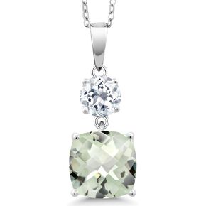 Gem Stone King 925 Sterling Silver Green Prasiolite and White Topaz Pendant Necklace For Women (4.65 Cttw, Gemstone Birthstone, Cushion Checkerboard 10MM, Round 6MM) in Kuwait