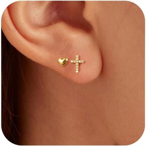 Tiny Cross Heart Earrings for Women 925 Sterling Silver Mini Cubic Zirconia Asymmetrical Stud Earring Dainty 14k Gold Plated Christian Religious Faith Cartilage Earring Jewelry Gifts in Kuwait