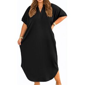 Beautife Women's Plus Size T Shirt Dress Collared V Neck Short Sleeve Maxi Dress Casual Curved Long Dresses with Pockets in Kuwait