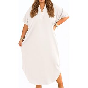 فستان تي شيرت نسائي مقاس كبير من Beautife بياقة على شكل V وأكمام قصيرة فستان ماكسي كاجوال فساتين طويلة منحنية مع جيوب in Kuwait
