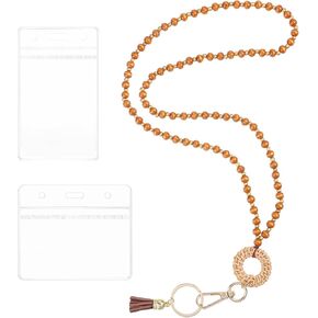 Teacher Lanyard Beaded, Boho Teaching Lanyard with 2 Holders for ID Badges, Cards, Women, Office (Raw Wood Color) in Kuwait
