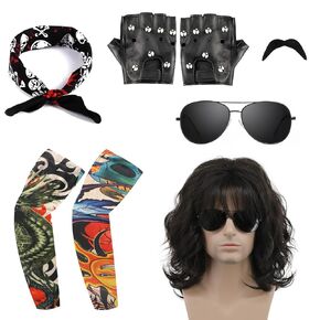 7 قطع زي الروك للرجال، شعر مستعار أسود قصير مموج، ديسكو للرجال، زي الحفلات للرجال مع باروكات، نظارات شمسية، لحى، أكمام، قفازات، أوشحة للرأس لمدة 70 ثانية، 80 ثانية، 90 ثانية in Kuwait