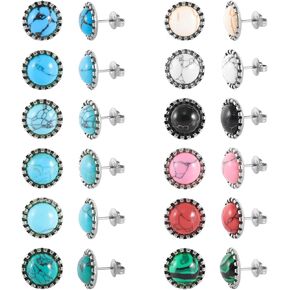 12 Pairs Multi Gemstone Turquoise Stud Earrings Stainless Steel Gem Stone Stud Earrings Set for Women in Kuwait