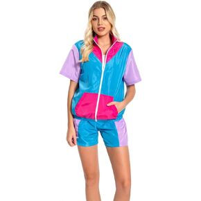 بدلة رياضية نسائية 80s/90s قطعتين ملابس بأكمام قصيرة ريترو مرقعة رياضية سترة واقية بسحاب خصر مرن ملابس رياضية in Kuwait