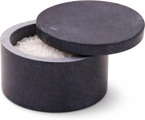 صندوق ملح وفلفل فريد من نوعه، صندوق ملح أسود رخامي دائري أنيق مع غطاء لتخزين الملح والتوابل والأعشاب. حاوية مثالية للتخزين (3.5 × 3.5 × 2 بوصة) in Kuwait